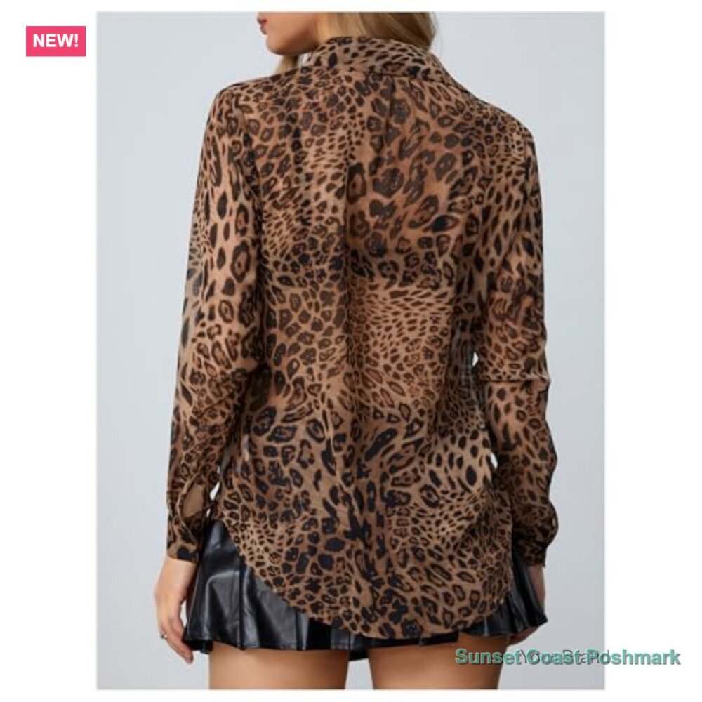 Sheer Mesh Leopard Print Button Down Chiffon Blou… - image 2